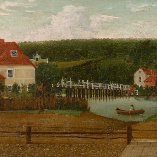 fig 4. A panoramic early 19th-century English oil painting depicting a gentleman with a white horse beside a river estate, housed in a narrow gilt frame.