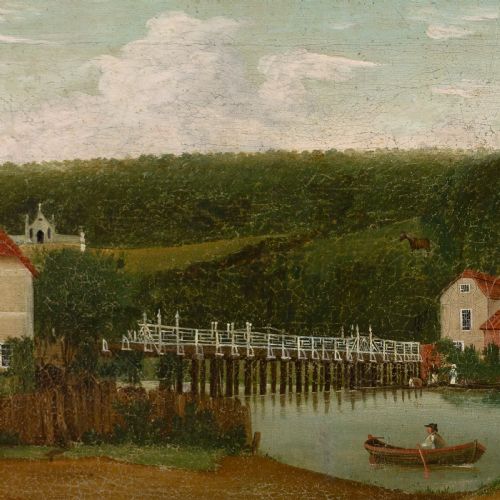 fig 6. A panoramic early 19th-century English oil painting depicting a gentleman with a white horse beside a river estate, housed in a narrow gilt frame.