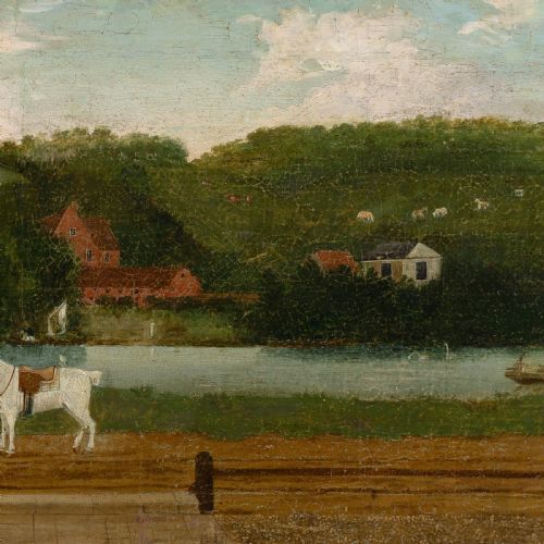fig 7. A panoramic early 19th-century English oil painting depicting a gentleman with a white horse beside a river estate, housed in a narrow gilt frame.