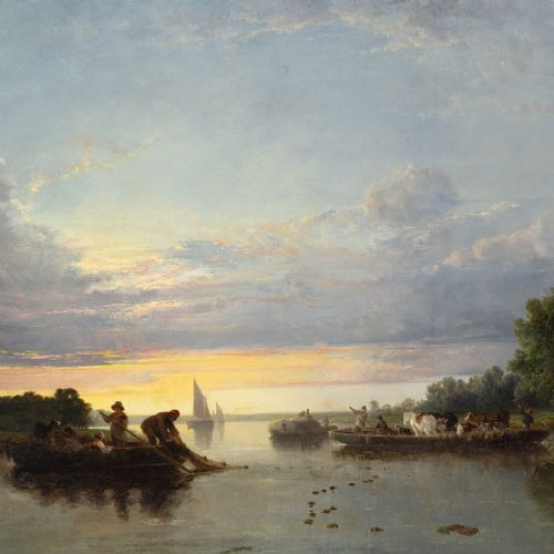 fig 1. A 19th-century horizontal oil painting depicting figures on boats along a river during sunset, set within an ornate gilded frame.