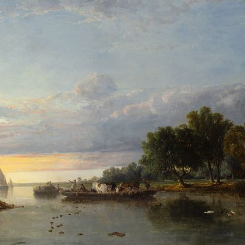 fig 2. A 19th-century horizontal oil painting depicting figures on boats along a river during sunset, set within an ornate gilded frame.