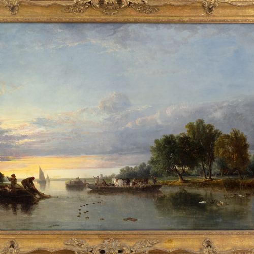 fig 3. A 19th-century horizontal oil painting depicting figures on boats along a river during sunset, set within an ornate gilded frame.