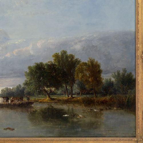 fig 4. A 19th-century horizontal oil painting depicting figures on boats along a river during sunset, set within an ornate gilded frame.
