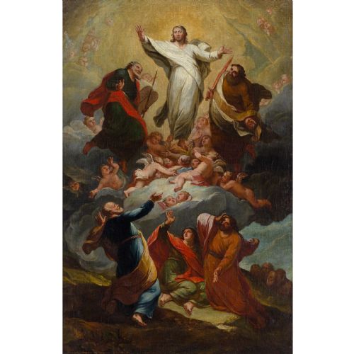 fig 1. An antique Baroque oil painting on canvas depicting the Transfiguration of Christ, featuring central figures surrounded by clouds within an ornate carved giltwood frame.