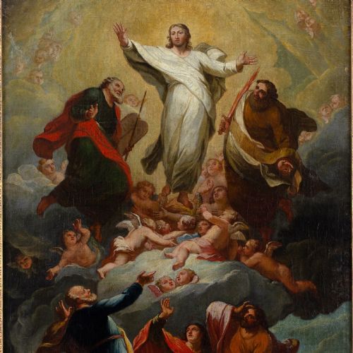 fig 2. An antique Baroque oil painting on canvas depicting the Transfiguration of Christ, featuring central figures surrounded by clouds within an ornate carved giltwood frame.