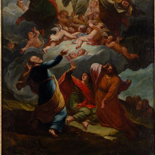 fig 3. An antique Baroque oil painting on canvas depicting the Transfiguration of Christ, featuring central figures surrounded by clouds within an ornate carved giltwood frame.
