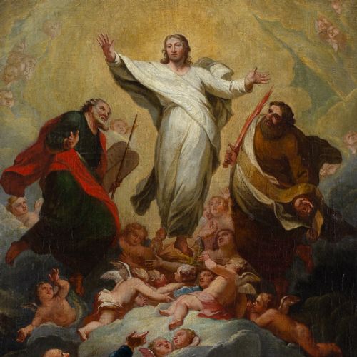 fig 4. An antique Baroque oil painting on canvas depicting the Transfiguration of Christ, featuring central figures surrounded by clouds within an ornate carved giltwood frame.