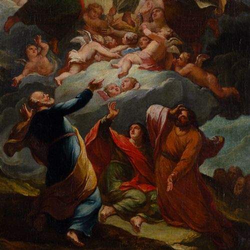 fig 5. An antique Baroque oil painting on canvas depicting the Transfiguration of Christ, featuring central figures surrounded by clouds within an ornate carved giltwood frame.