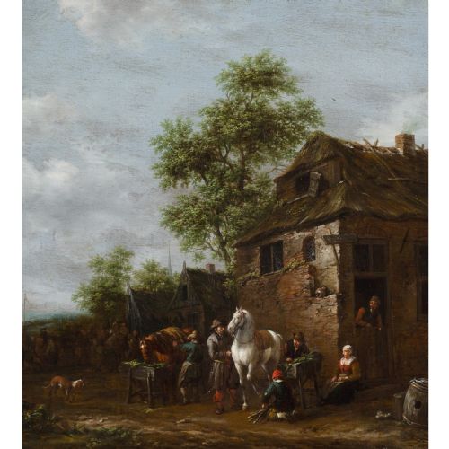 fig 1. An antique oil painting depicting travellers with horses outside a rustic thatched building, housed within an ornate carved gold-gilded frame.