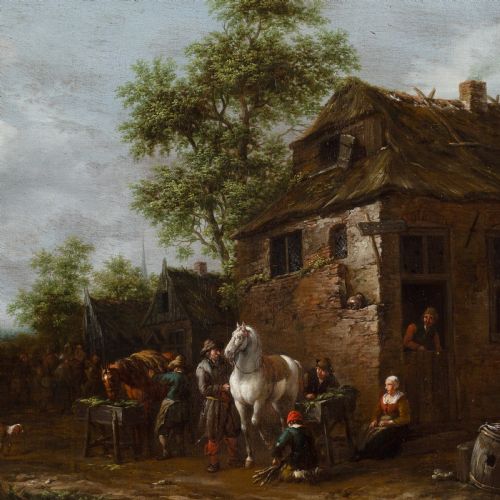 fig 2. An antique oil painting depicting travellers with horses outside a rustic thatched building, housed within an ornate carved gold-gilded frame.