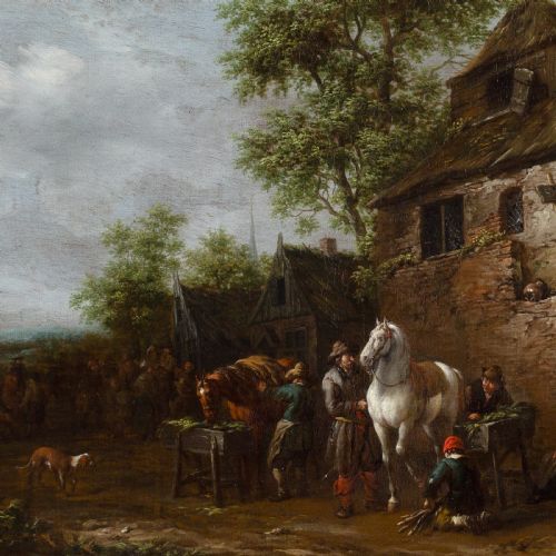 fig 3. An antique oil painting depicting travellers with horses outside a rustic thatched building, housed within an ornate carved gold-gilded frame.