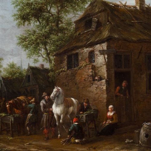 fig 4. An antique oil painting depicting travellers with horses outside a rustic thatched building, housed within an ornate carved gold-gilded frame.