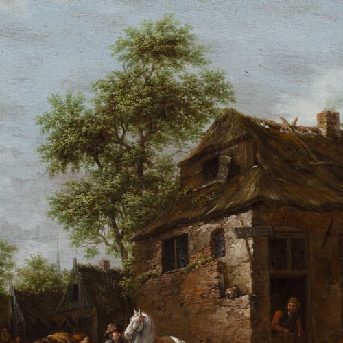 fig 5. An antique oil painting depicting travellers with horses outside a rustic thatched building, housed within an ornate carved gold-gilded frame.