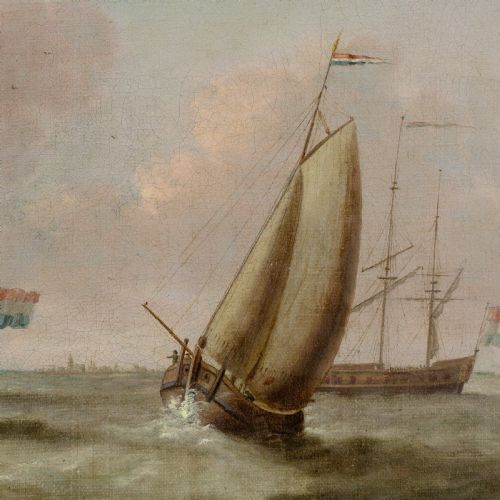 fig 3. An early eighteenth-century Dutch School oil painting depicting sailing ships with tricolour flags on a rolling sea inside a dark wooden frame.