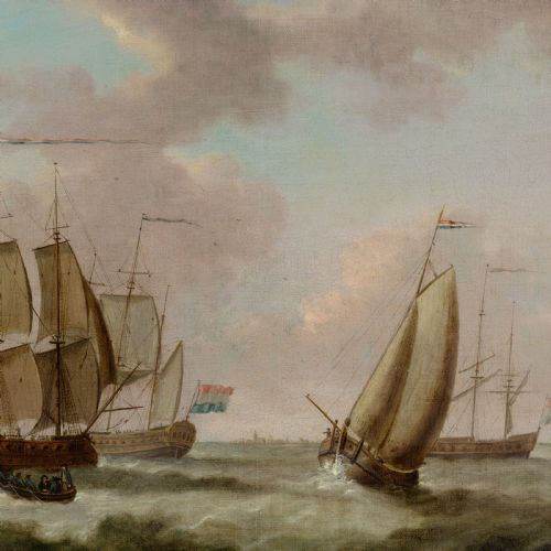 fig 1. An early eighteenth-century Dutch School oil painting depicting sailing ships with tricolour flags on a rolling sea inside a dark wooden frame.