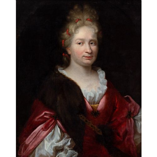 fig 1. An eighteenth-century French oil portrait depicting a noblewoman in a red dress with fur trim, set within an ornate gilded frame.