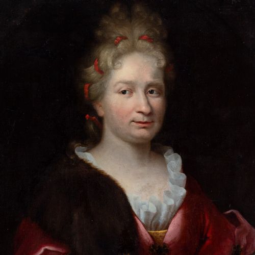 fig 2. An eighteenth-century French oil portrait depicting a noblewoman in a red dress with fur trim, set within an ornate gilded frame.