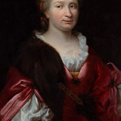 fig 3. An eighteenth-century French oil portrait depicting a noblewoman in a red dress with fur trim, set within an ornate gilded frame.