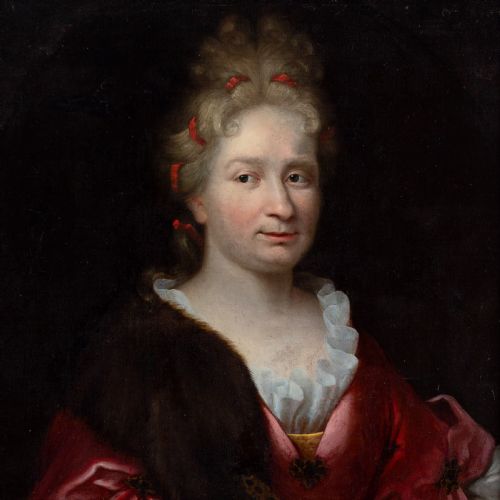 fig 4. An eighteenth-century French oil portrait depicting a noblewoman in a red dress with fur trim, set within an ornate gilded frame.