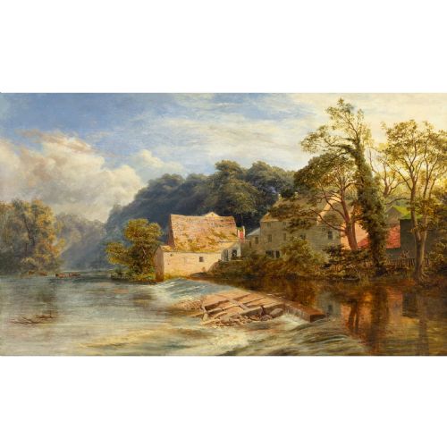 fig 1. A 19th-century oil painting depicting Killinghall Mill in Yorkshire beside a river weir, set within an ornate gilded frame.