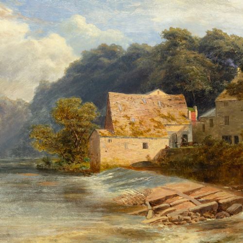 fig 2. A 19th-century oil painting depicting Killinghall Mill in Yorkshire beside a river weir, set within an ornate gilded frame.