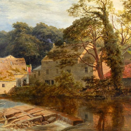fig 3. A 19th-century oil painting depicting Killinghall Mill in Yorkshire beside a river weir, set within an ornate gilded frame.