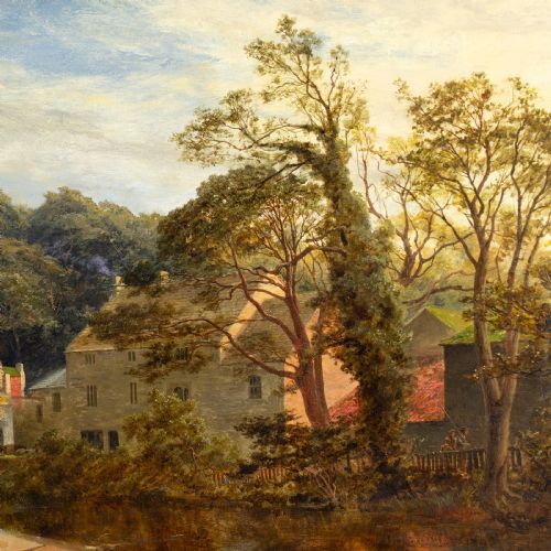 fig 4. A 19th-century oil painting depicting Killinghall Mill in Yorkshire beside a river weir, set within an ornate gilded frame.