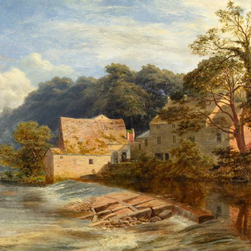 fig 5. A 19th-century oil painting depicting Killinghall Mill in Yorkshire beside a river weir, set within an ornate gilded frame.