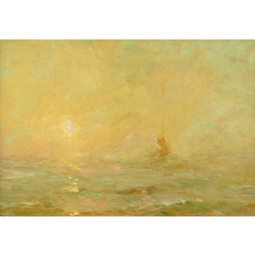 fig 1. An antique impressionist oil painting depicting a hazy yellow sunset over a calm sea with a faint sailing vessel, housed within an ornate carved gilt frame.