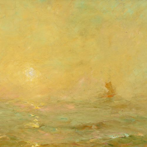 fig 2. An antique impressionist oil painting depicting a hazy yellow sunset over a calm sea with a faint sailing vessel, housed within an ornate carved gilt frame.
