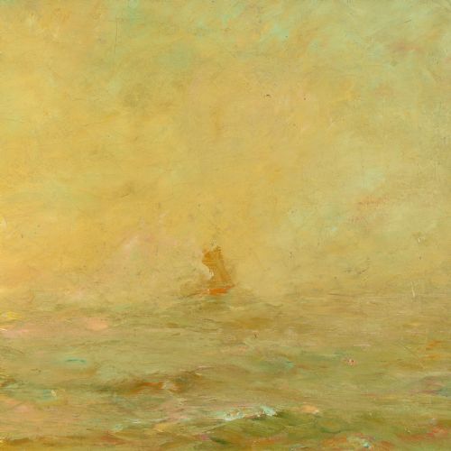 fig 3. An antique impressionist oil painting depicting a hazy yellow sunset over a calm sea with a faint sailing vessel, housed within an ornate carved gilt frame.