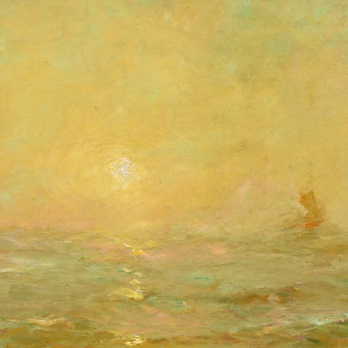 fig 4. An antique impressionist oil painting depicting a hazy yellow sunset over a calm sea with a faint sailing vessel, housed within an ornate carved gilt frame.