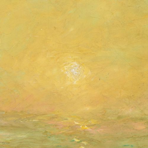 fig 5. An antique impressionist oil painting depicting a hazy yellow sunset over a calm sea with a faint sailing vessel, housed within an ornate carved gilt frame.