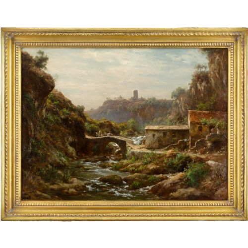 Adolf Johann Höffler, Italian Landscape With Travellers Crossing An Arched Bridge - Antique Oil Painting