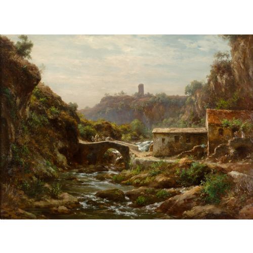 fig 1. A 19th-century oil painting on canvas depicting a rural Italian river landscape with an arched stone bridge and travellers, enclosed within a beaded gold leaf frame.