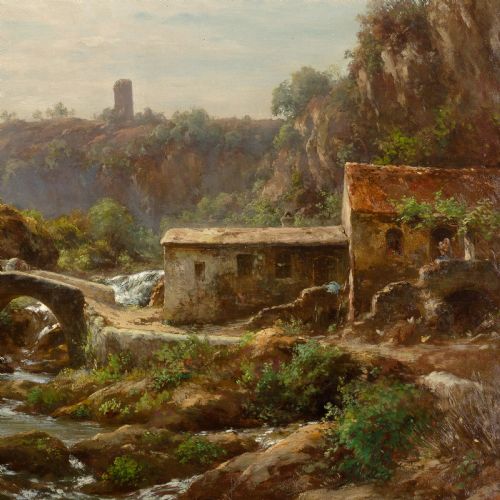 fig 2. A 19th-century oil painting on canvas depicting a rural Italian river landscape with an arched stone bridge and travellers, enclosed within a beaded gold leaf frame.