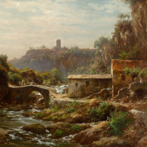fig 3. A 19th-century oil painting on canvas depicting a rural Italian river landscape with an arched stone bridge and travellers, enclosed within a beaded gold leaf frame.