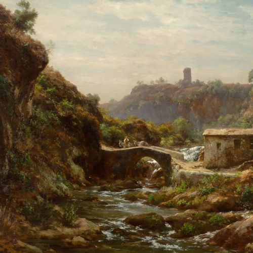 fig 4. A 19th-century oil painting on canvas depicting a rural Italian river landscape with an arched stone bridge and travellers, enclosed within a beaded gold leaf frame.
