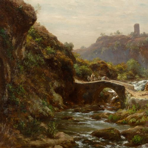 fig 5. A 19th-century oil painting on canvas depicting a rural Italian river landscape with an arched stone bridge and travellers, enclosed within a beaded gold leaf frame.