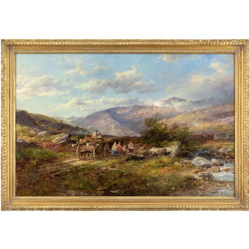 John Syer RI, Travellers & A Timber Cart Beneath Snowdon - Antique Oil Painting
