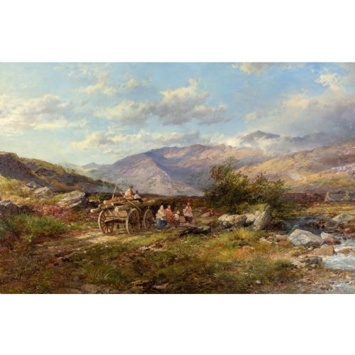 fig 1. A 19th-century oil painting depicting travellers with a timber cart along a mountain trail beside a stream, set under a cloud-dappled blue sky within a giltwood frame.