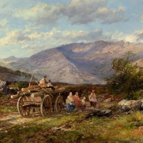fig 2. A 19th-century oil painting depicting travellers with a timber cart along a mountain trail beside a stream, set under a cloud-dappled blue sky within a giltwood frame.
