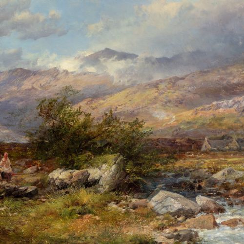 fig 3. A 19th-century oil painting depicting travellers with a timber cart along a mountain trail beside a stream, set under a cloud-dappled blue sky within a giltwood frame.