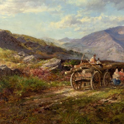 fig 4. A 19th-century oil painting depicting travellers with a timber cart along a mountain trail beside a stream, set under a cloud-dappled blue sky within a giltwood frame.