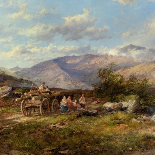fig 5. A 19th-century oil painting depicting travellers with a timber cart along a mountain trail beside a stream, set under a cloud-dappled blue sky within a giltwood frame.