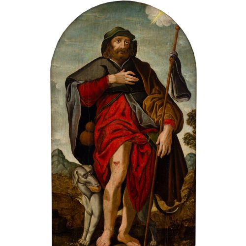 fig 1. A 16th-century oil painting depicting Saint Roch holding a staff alongside a dog inside a carved wooden frame.