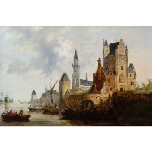 fig 1. An antique oil painting depicting a fortified town along a river with boats and figures, framed in a dark patterned wood frame with a gold lip.