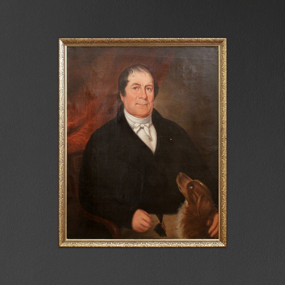 Portrait Of A Country Gentleman, Naive Antique Painting, Man & Dog, Spaniel
