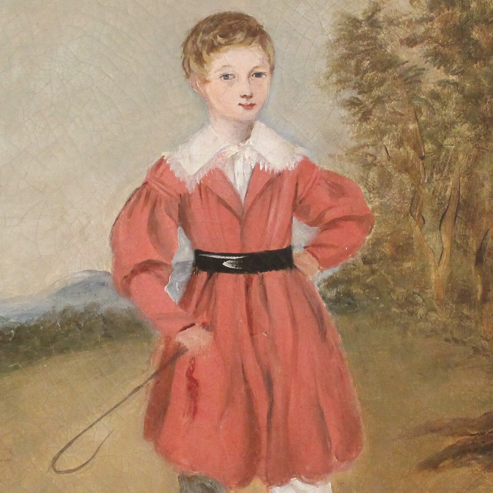 Naive English Antique Oil Painting, Boy With Riding Crop