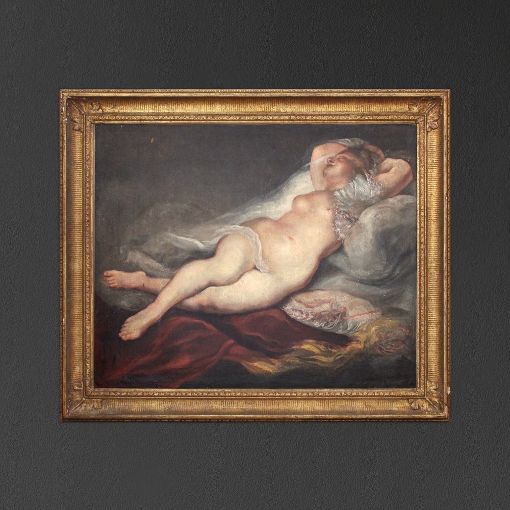 Large Portrait Of A Reclining Nude, Original French Antique Oil Painting, Early 19th Century